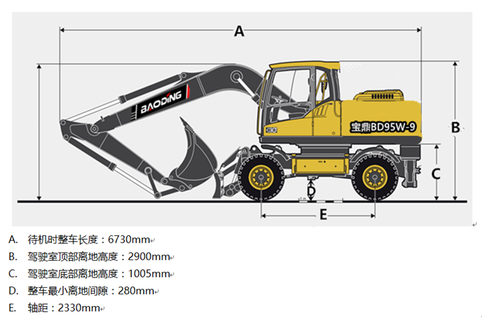 寶鼎95W-9輪式挖掘機車身參數